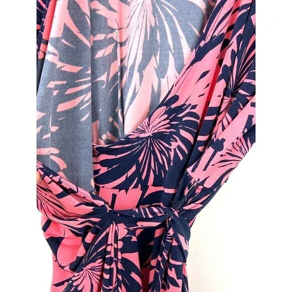 Maggy London Womens Sz 8 Pink And Blue Tropical Floral Cap Sleeve Wrap Dress N4 - Picture 7 of 12